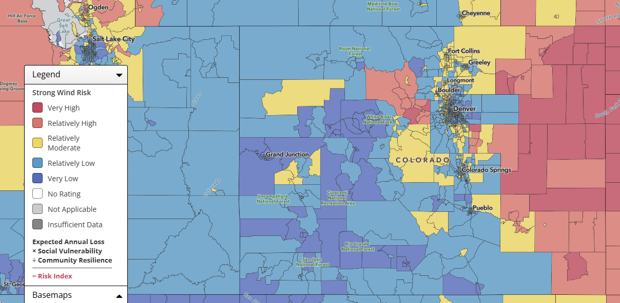 A map graphic titled FEMA National Strong Wind Risk – Strong Wind Risk, represented by a color coded map of Colorado counties with severity of risk from very high to very low indicated by colors presented in a legend on the left
