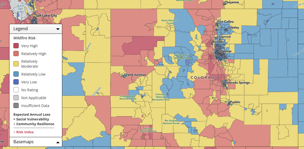 A map graphic titled FEMA National Risk index– Wildfire Risk, represented by a color coded map of Colorado counties with severity of risk from very high to very low indicated by colors presented in a legend on the left